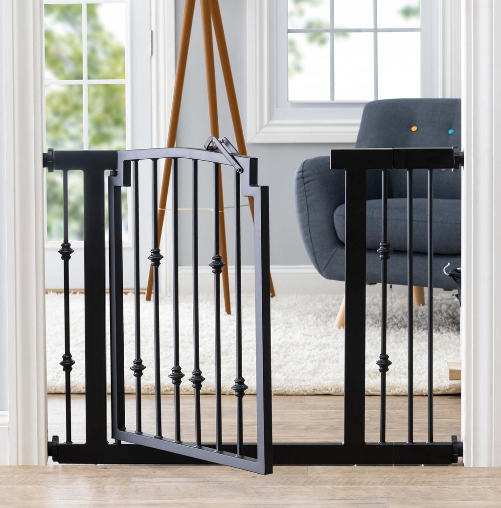 Emperor Rings Wrought Iron Dog Gate w/ Door (28.5" - 61.5" Extra Wide) Ornamental, Heavy Duty - Indoor Easy Pressure Mounted, 32" Tall