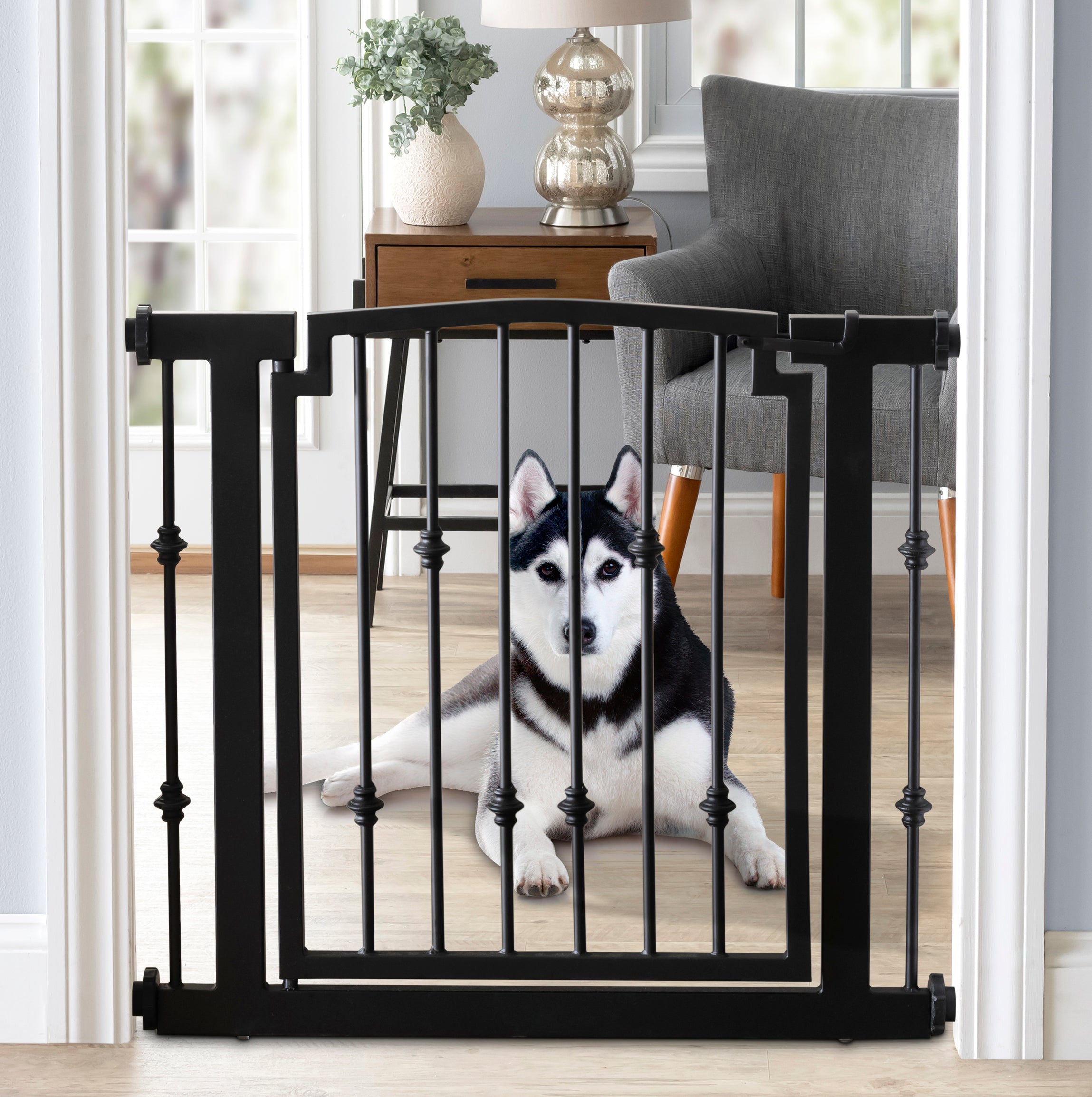 Emperor Rings Wrought Iron Dog Gate w/ Door (28.5" - 61.5" Extra Wide) Ornamental, Heavy Duty - Indoor Easy Pressure Mounted, 32" Tall