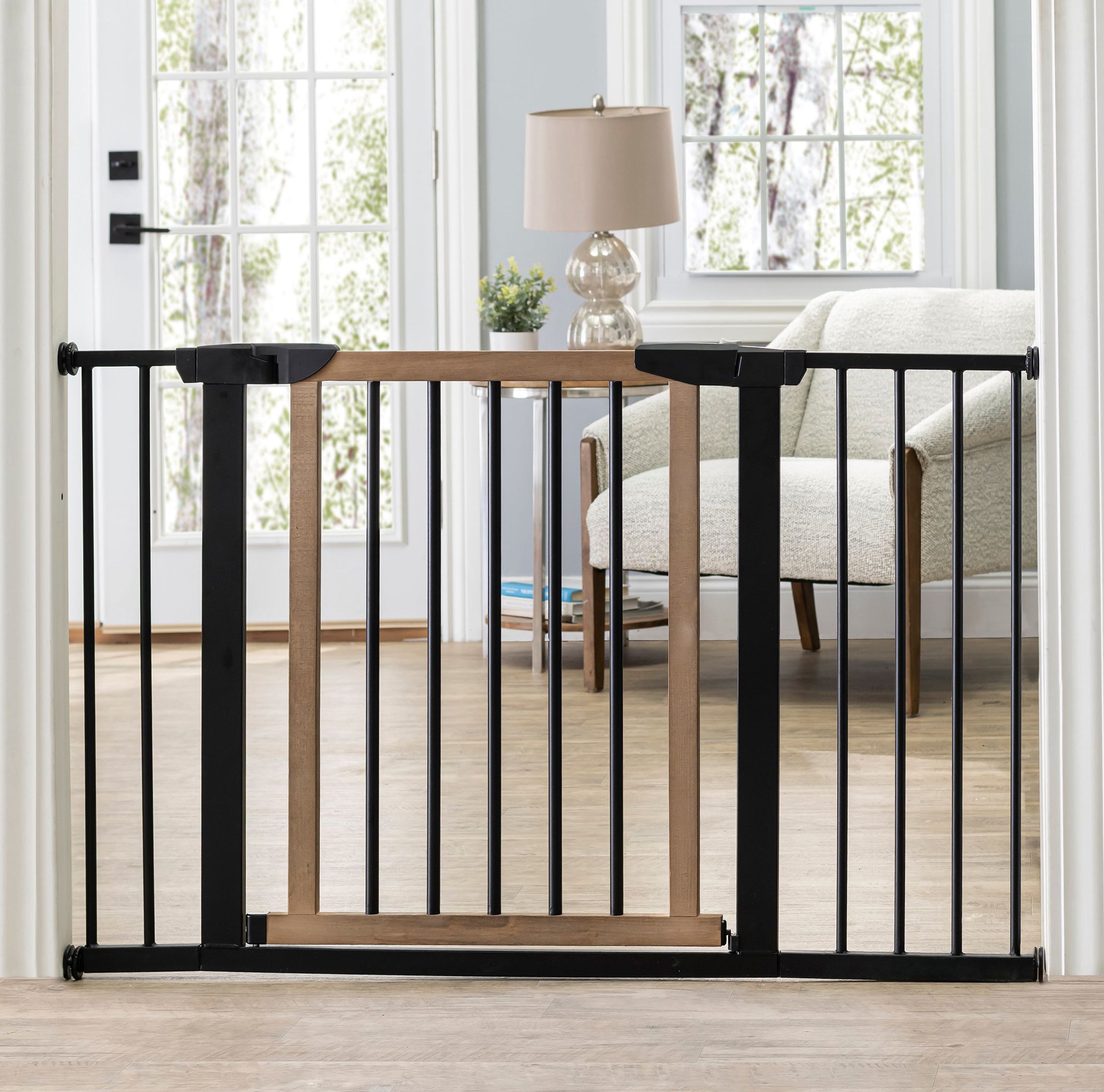 Logan Dog Gate - Modern Hardwood & Steel 30" Tall w/ Self Close Door, Extendable, Pressure Mounted (29.5" - 51.5" Wide)