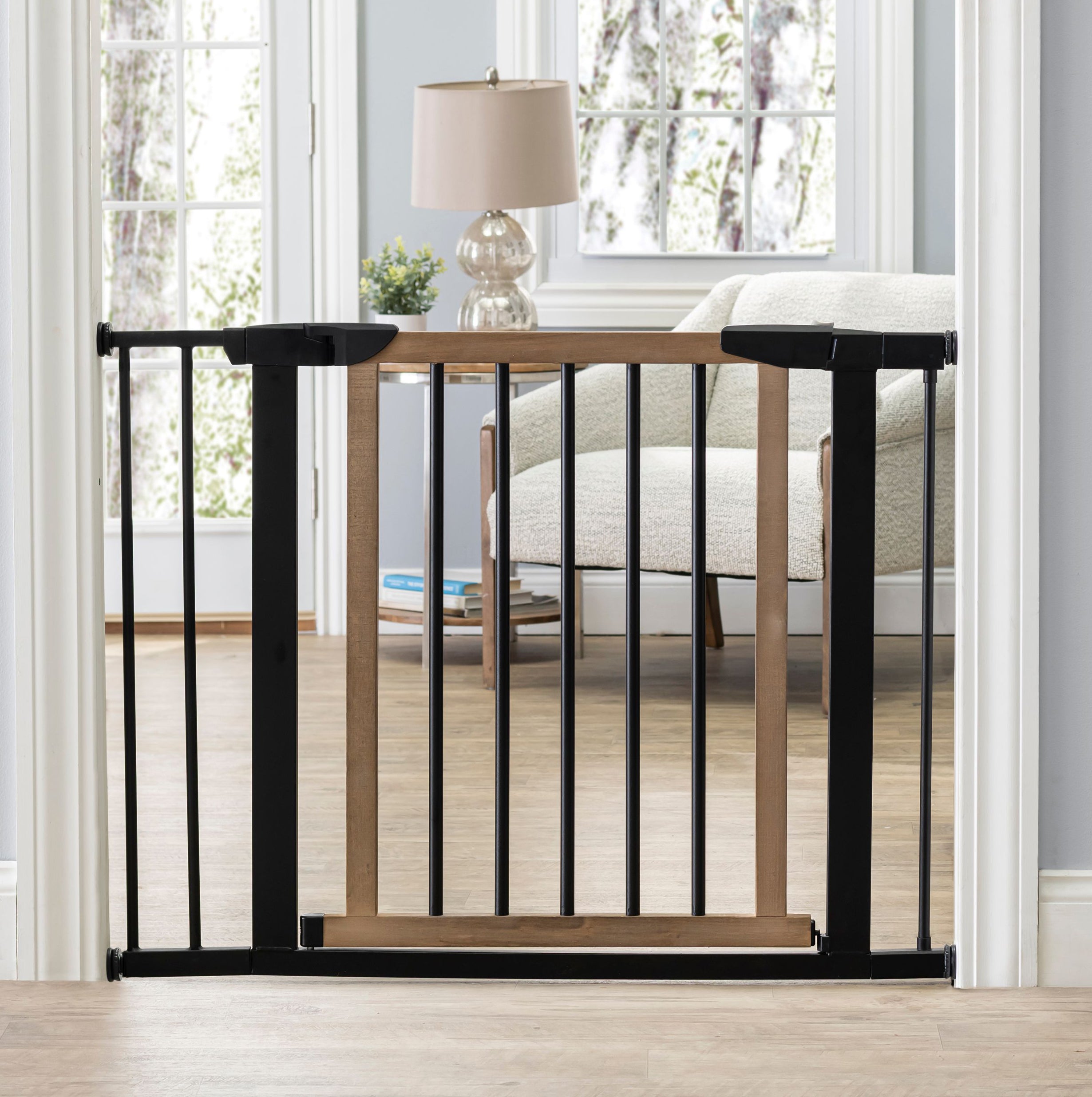 Logan Dog Gate - Modern Hardwood & Steel 30" Tall w/ Self Close Door, Extendable, Pressure Mounted (29.5" - 51.5" Wide)