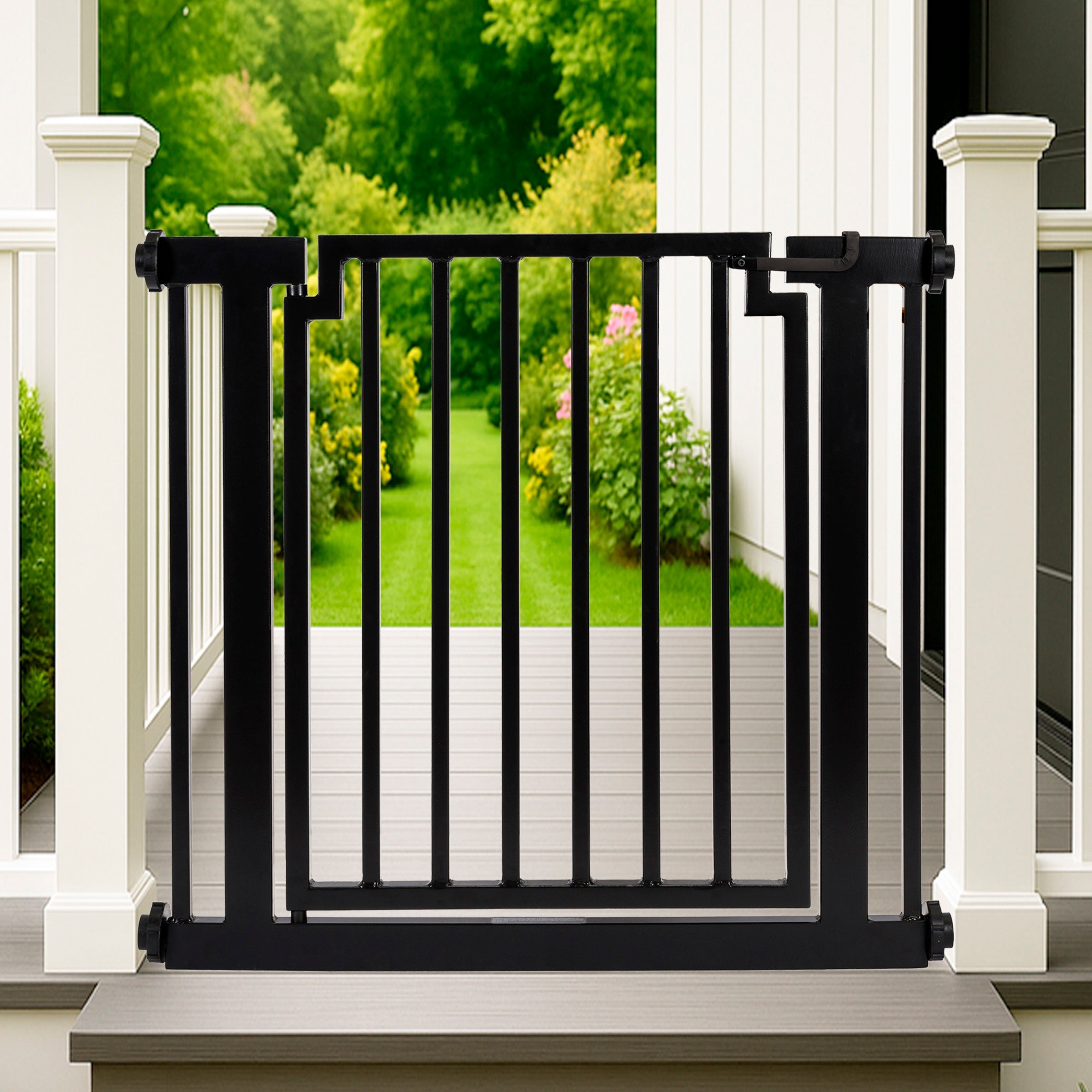 Libro Steel Outdoor Dog Gate w/ Door (28.5" - 61.5" Extra Wide) Modern 32" Tall Deck Gate, Easy Pressure Mounted (No Drill)
