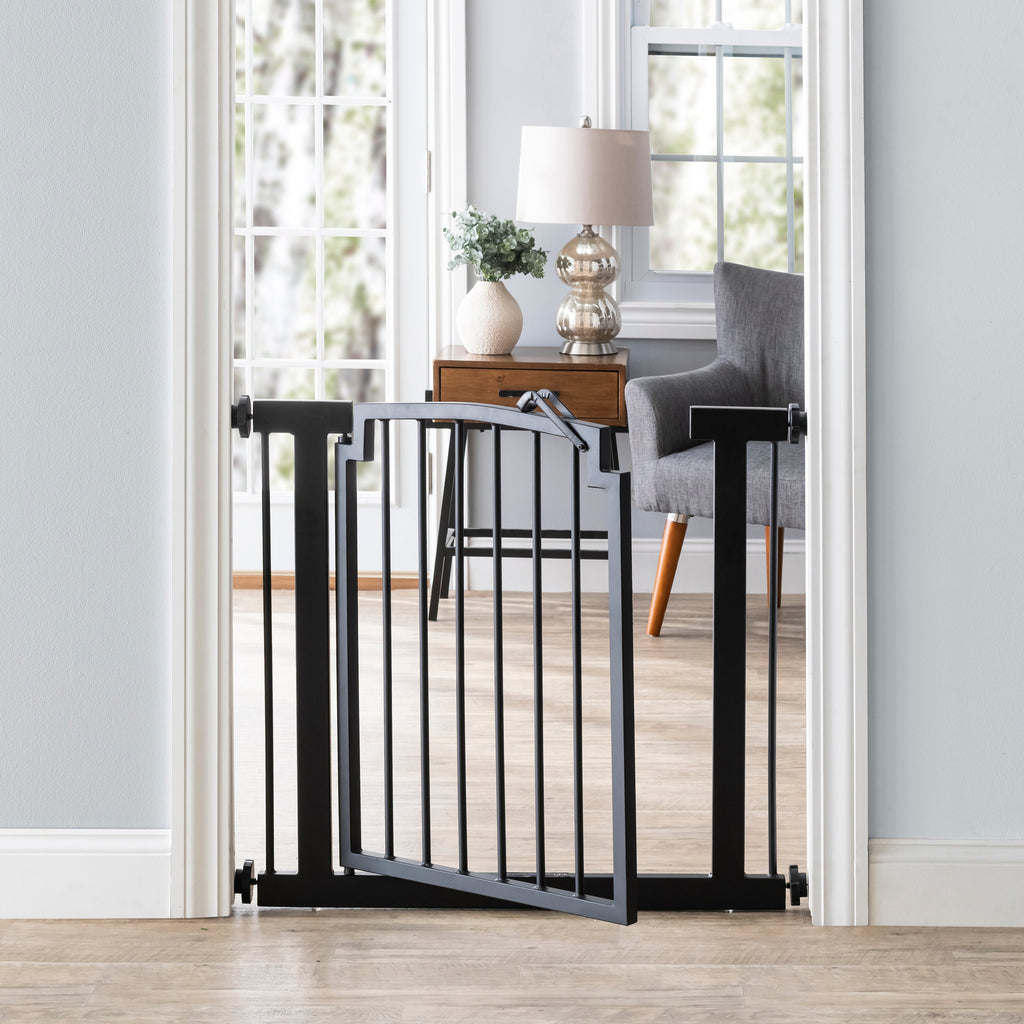 Harper Metal Dog Gate w/ Door (28.5" - 61.5" Extra Wide) Modern Black Steel, Indoor Easy Pressure Mounted (No Drill) 32" Tall