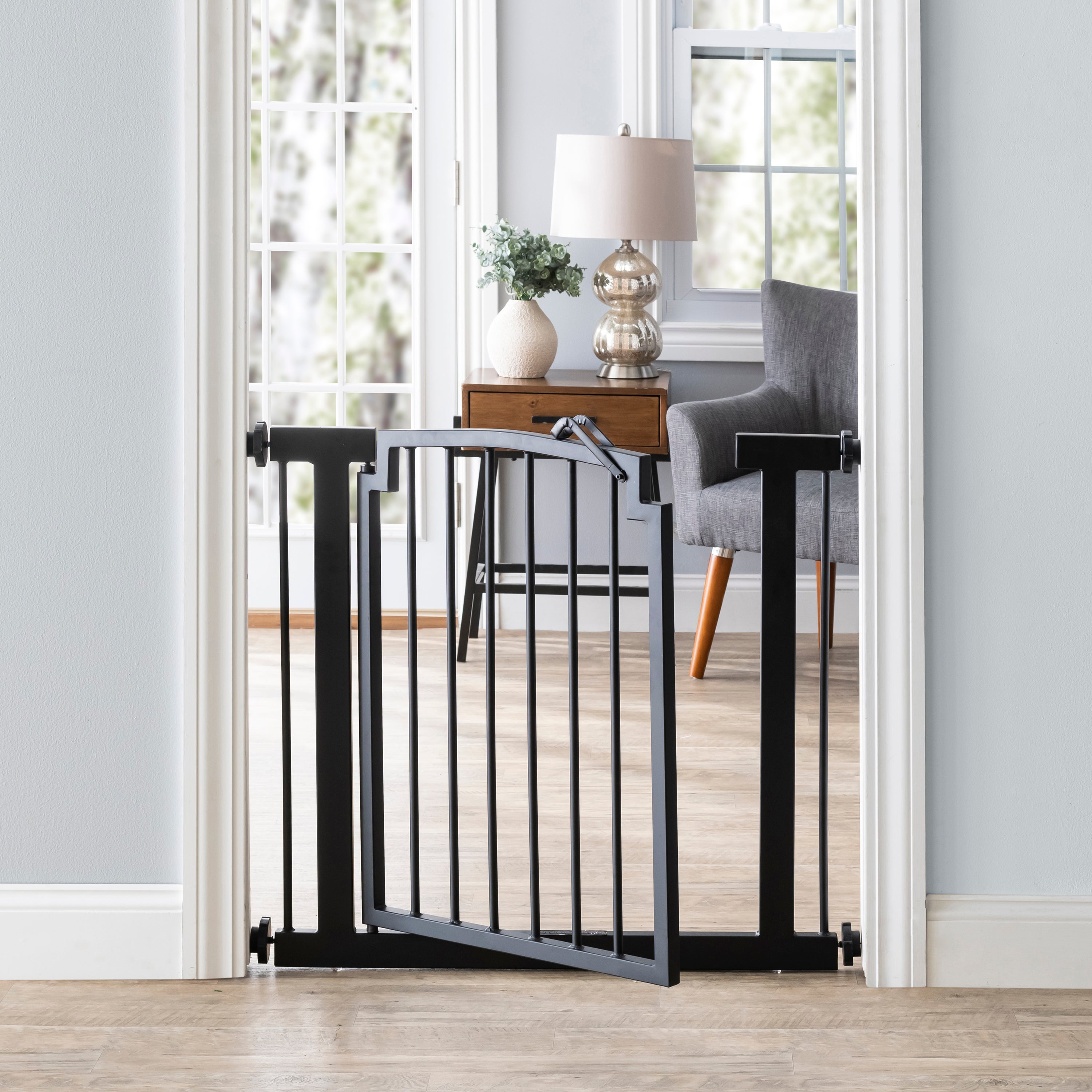 Harper Metal Dog Gate w/ Door (28.5" - 61.5" Extra Wide) Modern Black Steel, Indoor Easy Pressure Mounted (No Drill) 32" Tall