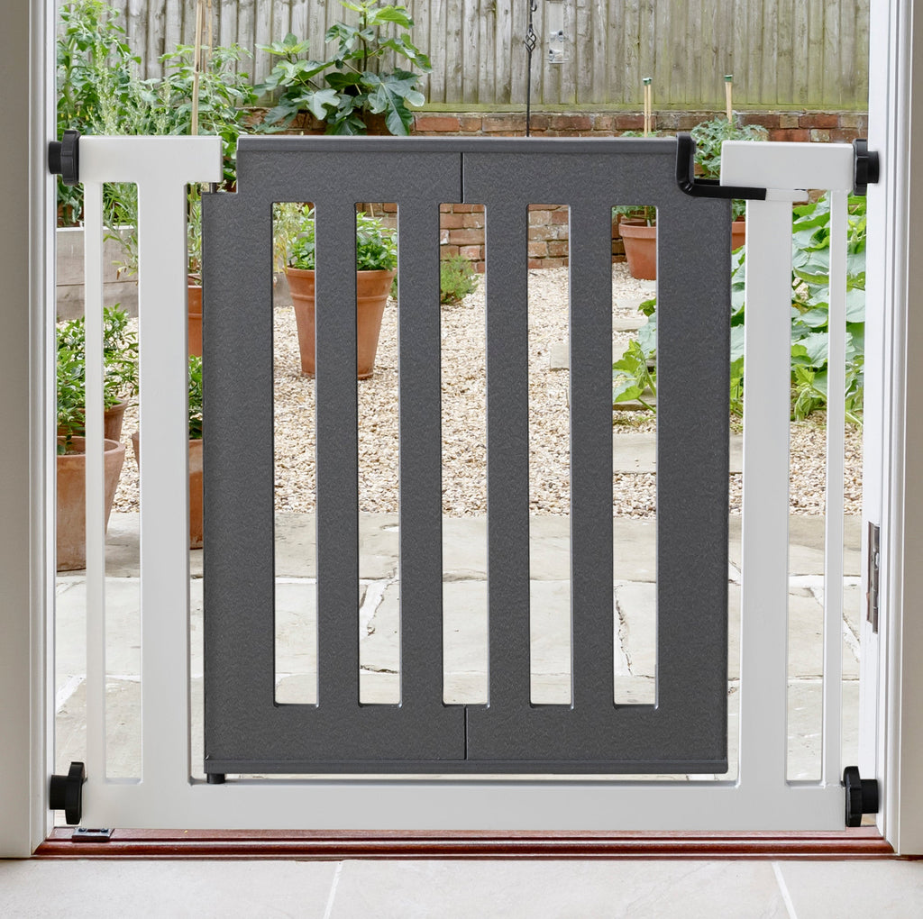 Jasmine Outdoor Dog Gate w/ Door (34.5" - 61.5" Extra Wide) Modern Steel, Heavy Duty 32" Tall, Pressure Mounted w / Fiberglass Door
