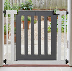 Jasmine Outdoor Dog Gate w/ Door (34.5" - 61.5" Extra Wide) Modern Steel, Heavy Duty 32" Tall, Pressure Mounted w / Fiberglass Door