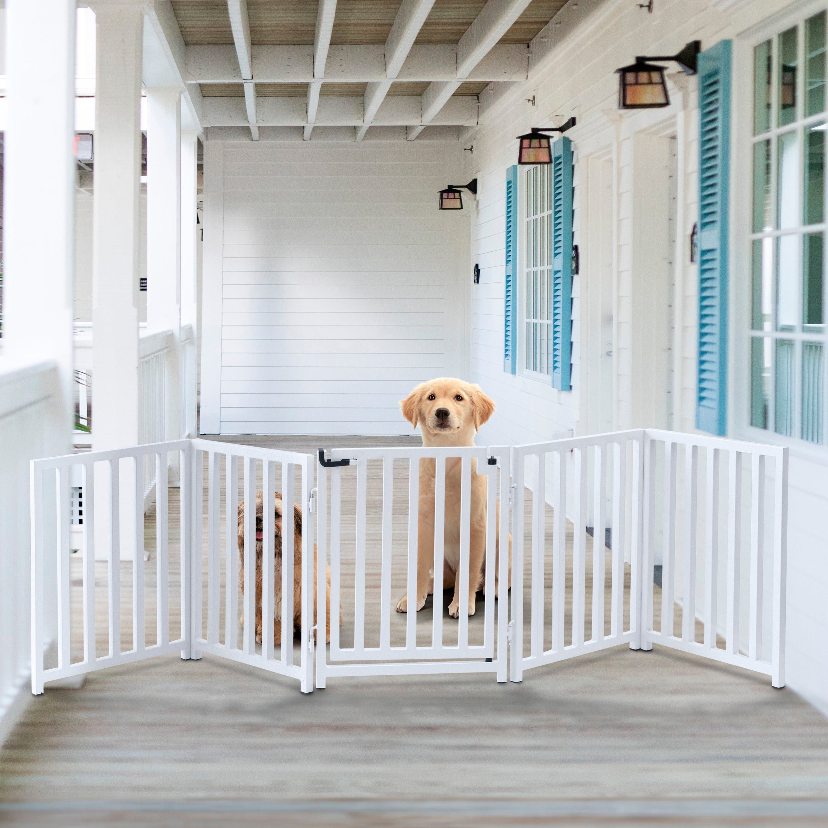 Libro Extra Wide Steel Freestanding (24" H) Dog Gate w/ Door (70" - 117" W) Weather Resistant Outdoor / Indoor Dog Fence - Small Dog