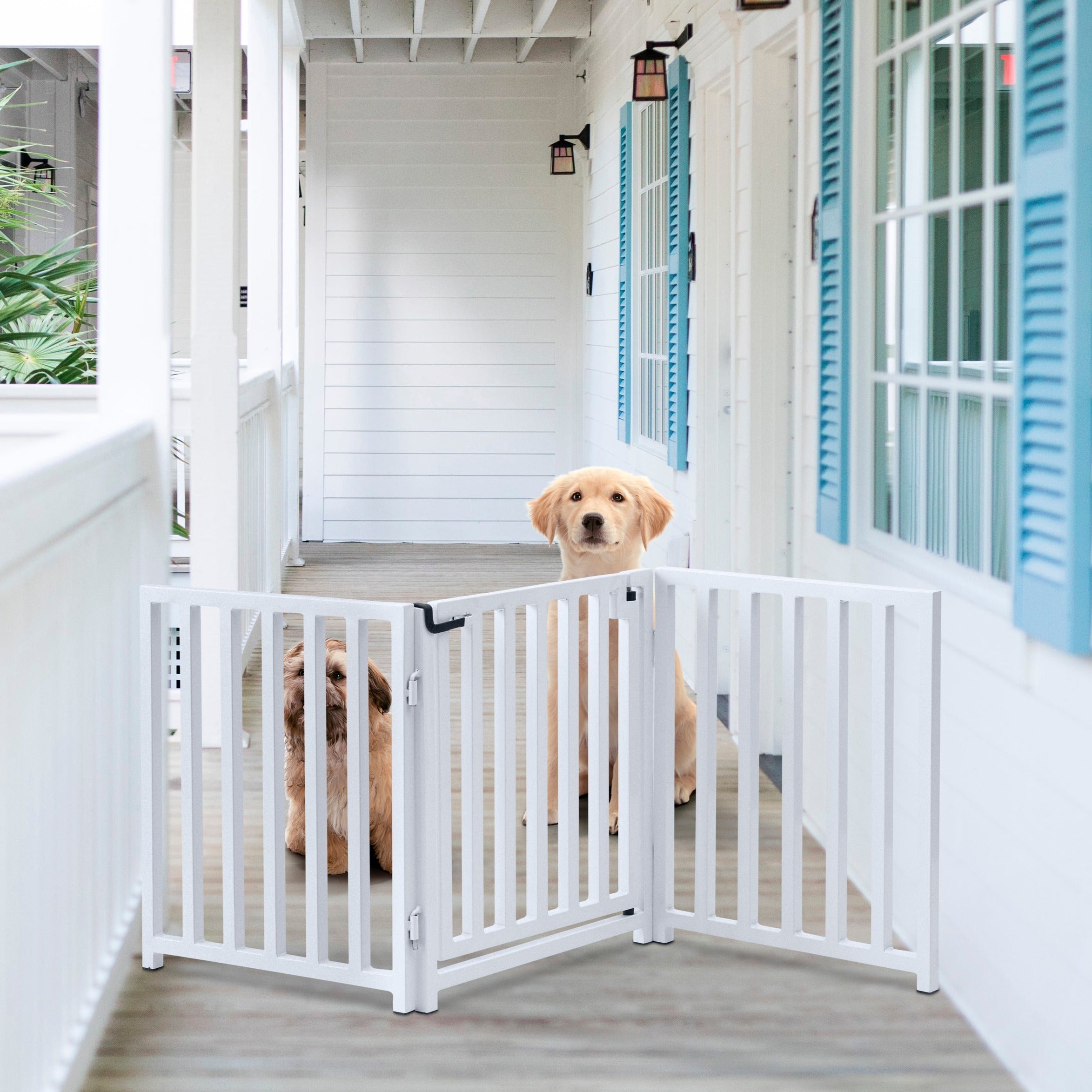Libro Freestanding All-Weather Steel Dog Gate w/ Door (23" - 70" Extra Wide) Modern Pet Fence, Adjustable Indoor / Outdoor, 24" Tall Small Dog