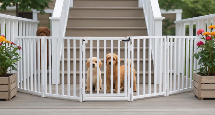 Libro Extra Wide Steel Freestanding (24" H) Dog Gate w/ Door (70" - 117" W) Weather Resistant Outdoor / Indoor Dog Fence - Small Dog