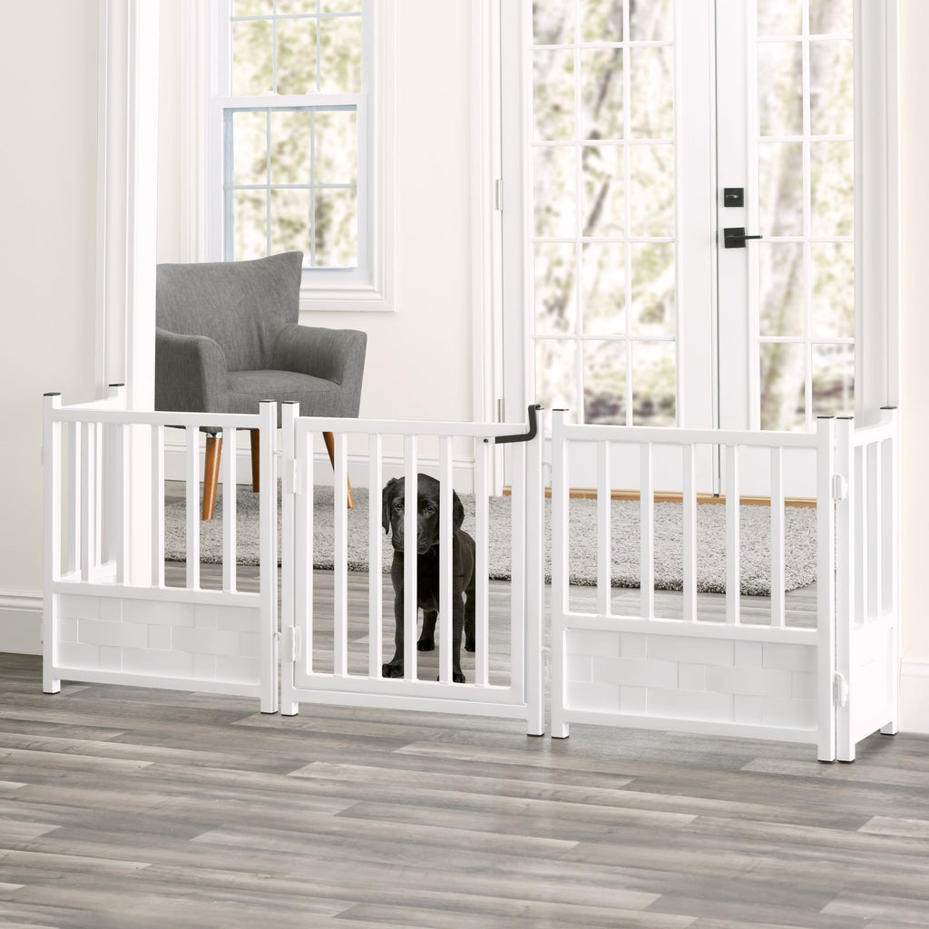 Royal Weave Freestanding 24" Tall (Small Dog) Steel Dog Gate w/ Door - Architectural Extra Wide Walk-Through Indoor Barrier (63" / 84" / 105" Long)