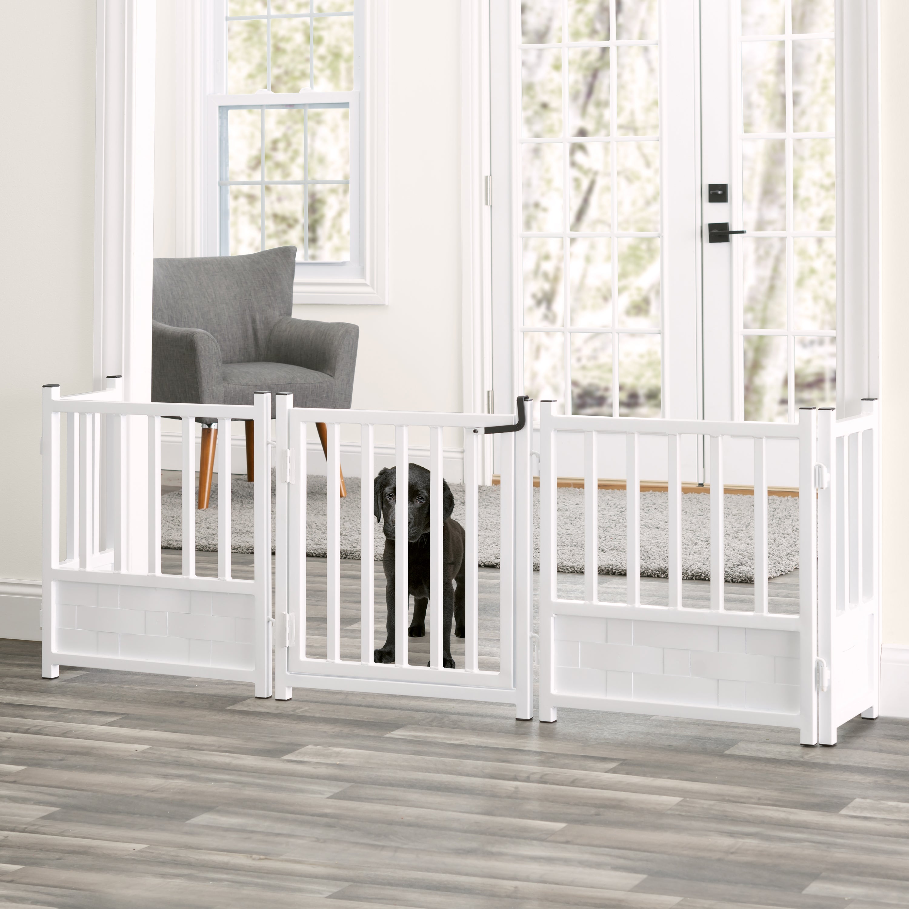 Royal Weave Freestanding 24" Tall (Small Dog) Steel Dog Gate w/ Door - Architectural Extra Wide Walk-Through Indoor Barrier (63" / 84" / 105" Long)