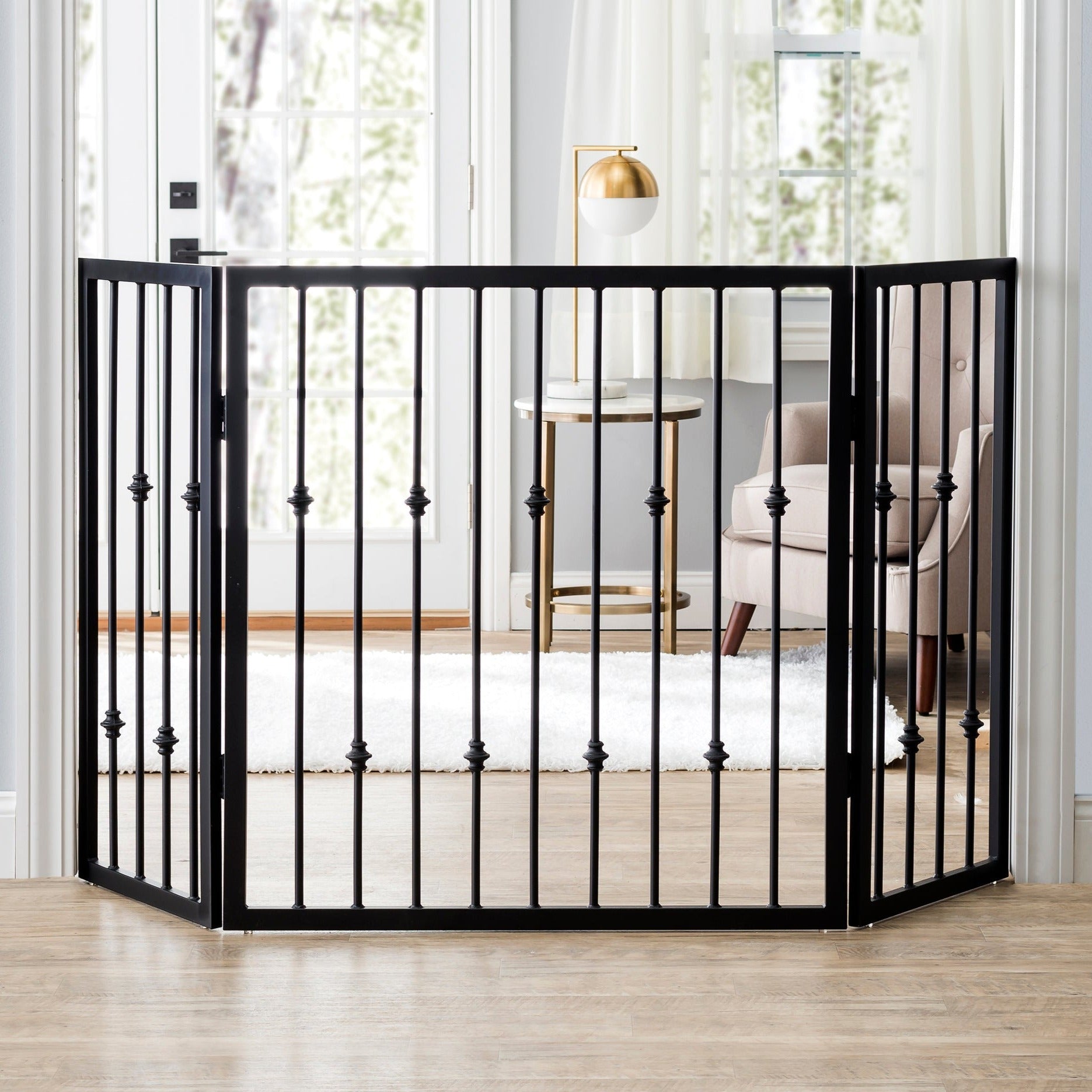Emperor Rings 38" Tall Freestanding Dog Gate - Ornamental Black Wrought Iron, Folding, Indoor Adjustable (36" - 56" Extra Wide, 3 Panel)