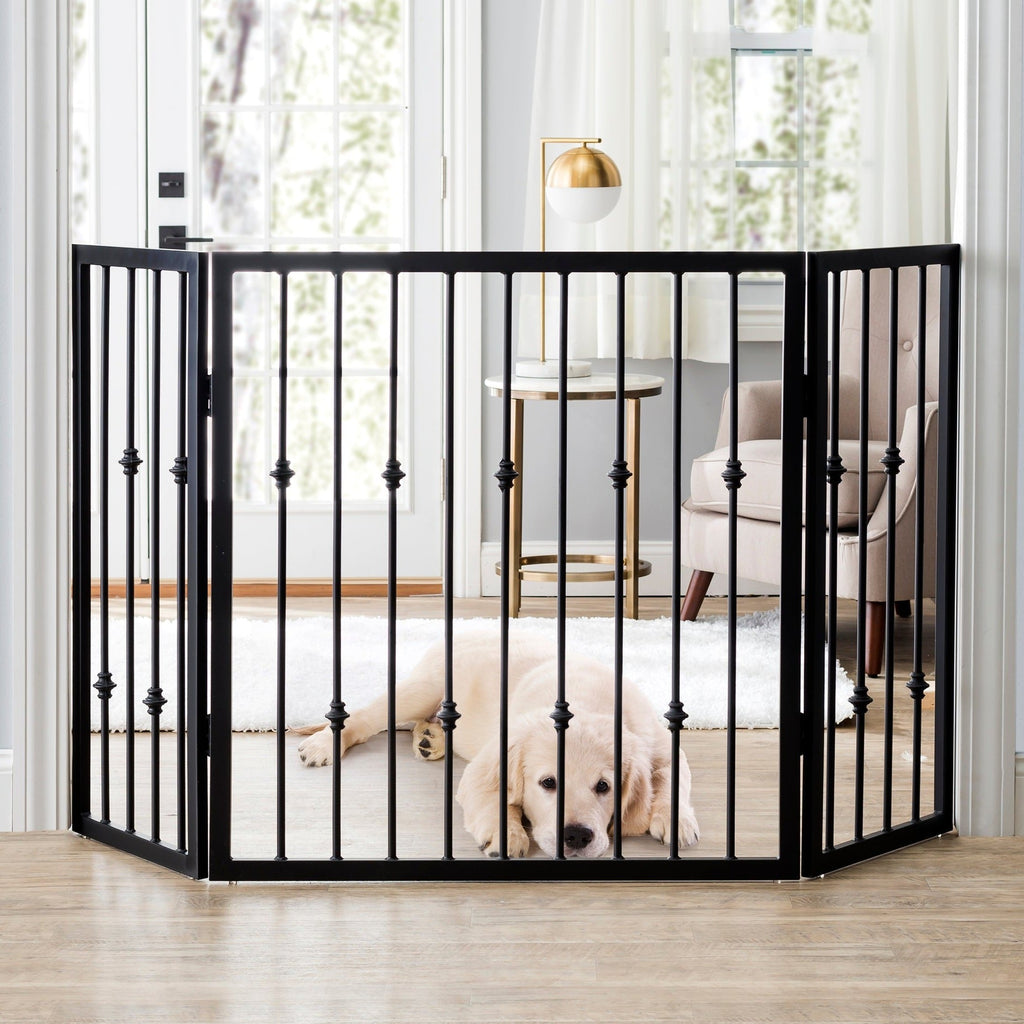 Emperor Rings 38" Tall Freestanding Dog Gate - Ornamental Black Wrought Iron, Folding, Indoor Adjustable (36" - 56" Extra Wide, 3 Panel)