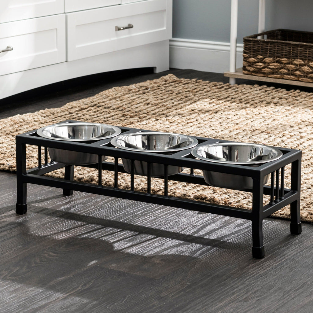 Baron Triple Bowl Diner - Modern Mission Style, Wrought Iron Metal Elevated 3 Dog Bowl Stand (5.5" / 8" / 10" Tall)