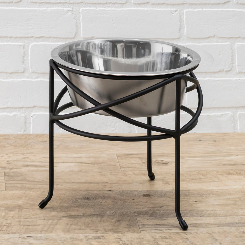 Mesh Single Diner - Contemporary Wrought Iron Stand w/ Elevated Dog Bowl Food, Water (5" / 7" / 10" Tall)