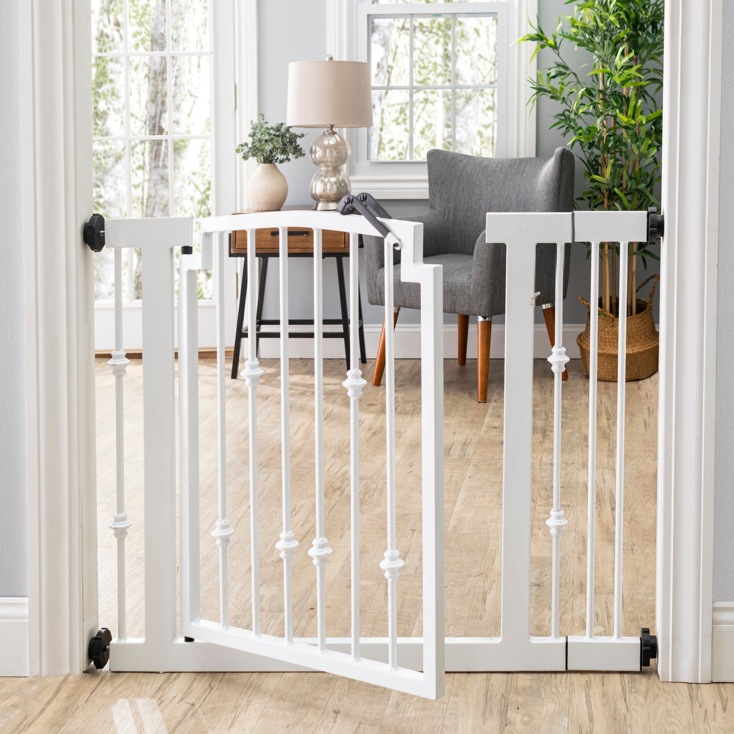 Emperor Rings Wrought Iron Dog Gate w/ Door (28.5" - 61.5" Extra Wide) Ornamental, Heavy Duty - Indoor Easy Pressure Mounted, 32" Tall
