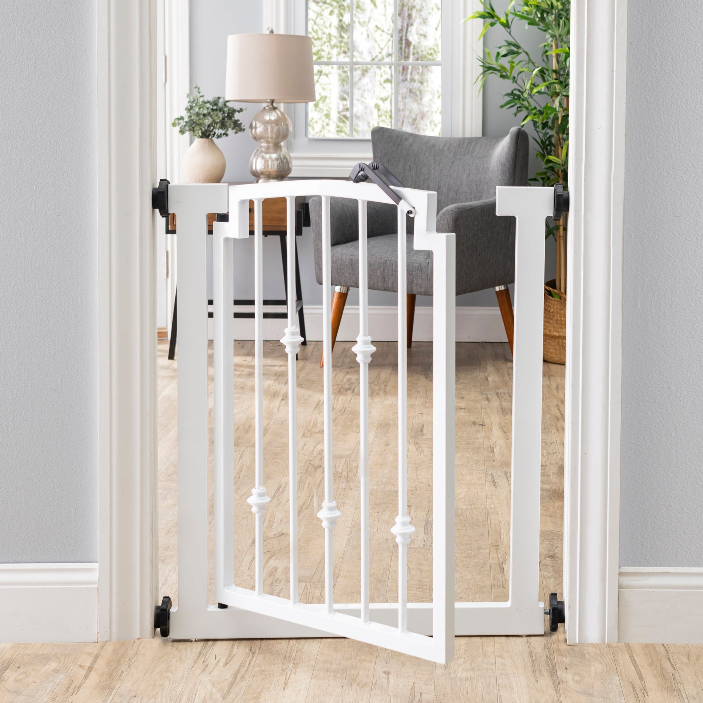 Emperor Rings Wrought Iron Dog Gate w/ Door (28.5" - 61.5" Extra Wide) Ornamental, Heavy Duty - Indoor Easy Pressure Mounted, 32" Tall