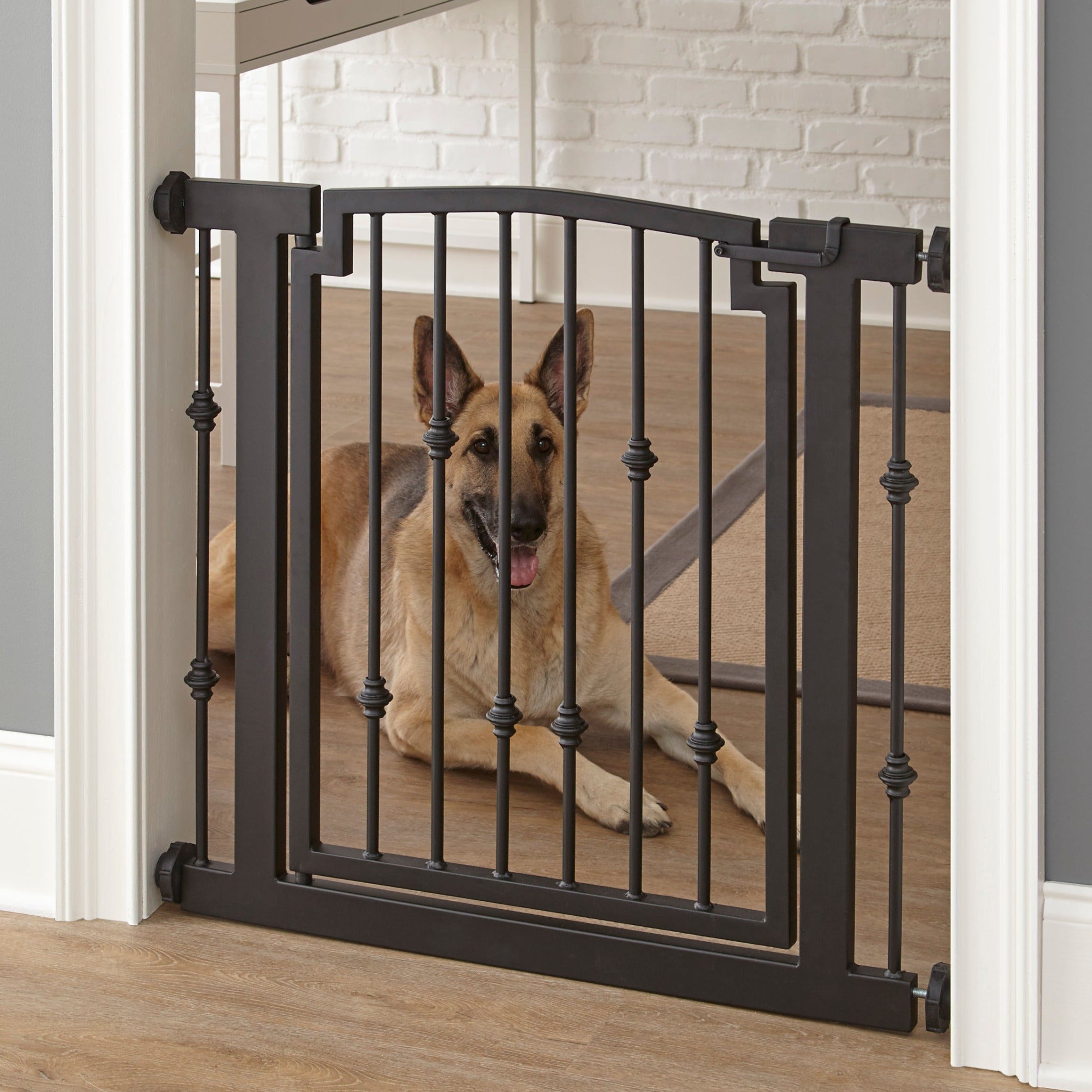 Emperor Rings Wrought Iron Dog Gate w/ Door (28.5" - 61.5" Extra Wide) Ornamental, Heavy Duty - Indoor Easy Pressure Mounted, 32" Tall