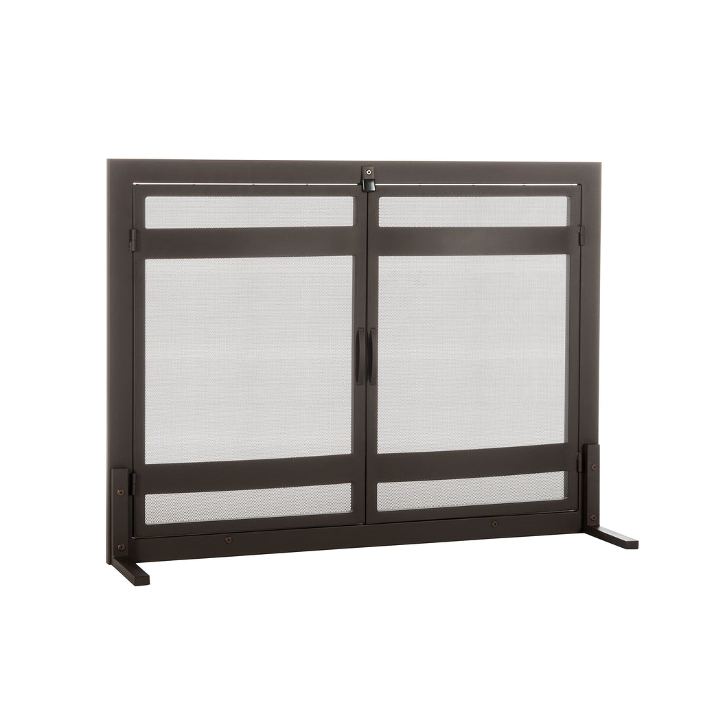 Indus Fireplace Screen- Modern Mission Wrought Iron, Freestanding Flat w/ Doors (44" W x 33" Tall)