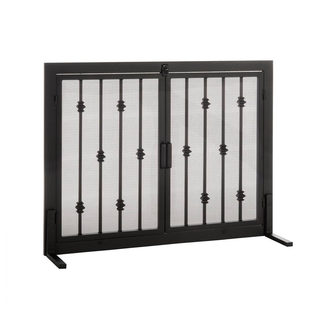 Emperor Rings Fireplace Screen - Modern Ornamental Black Wrought Iron Metal, Freestanding w/ Doors (33" Tall x 44" Wide)