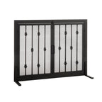 Emperor Rings Fireplace Screen - Modern Ornamental Black Wrought Iron Metal, Freestanding w/ Doors (33" Tall x 44" Wide)