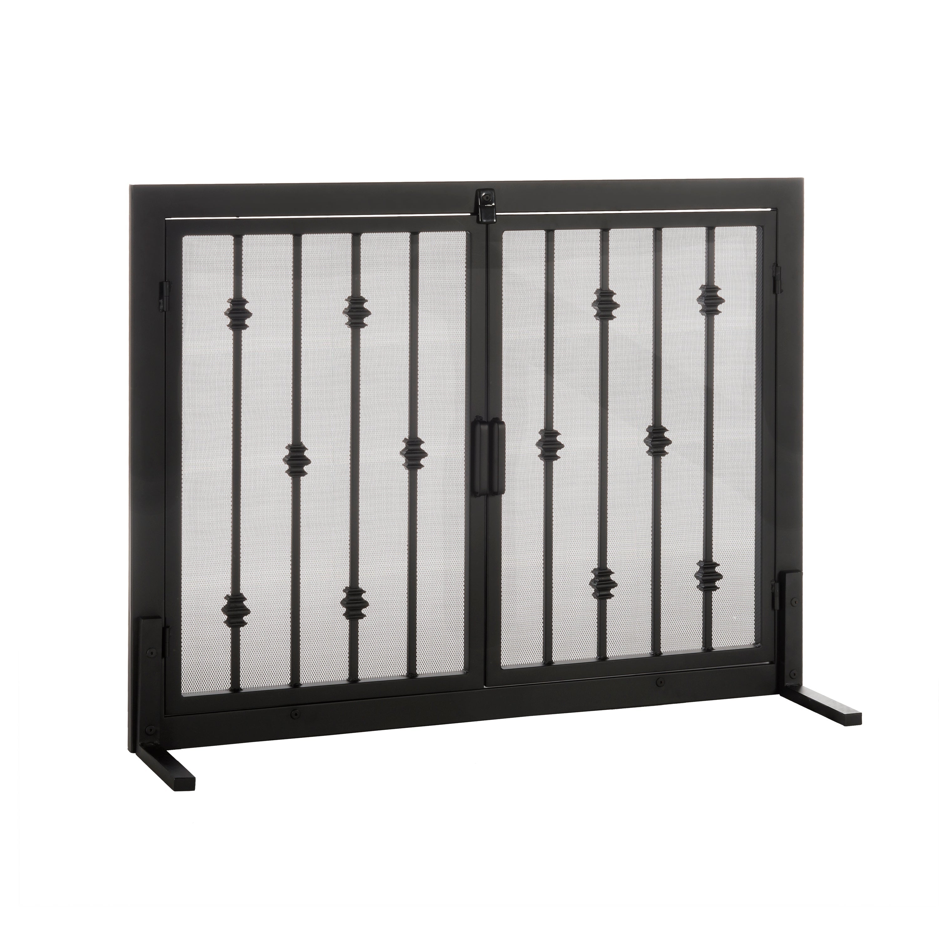 Emperor Rings Fireplace Screen - Modern Ornamental Black Wrought Iron Metal, Freestanding w/ Doors (33" Tall x 44" Wide)