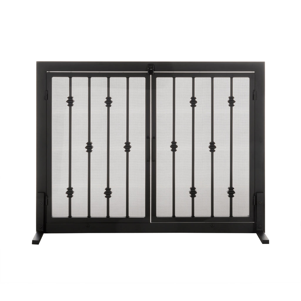Emperor Rings Fireplace Screen - Modern Ornamental Black Wrought Iron Metal, Freestanding w/ Doors (33" Tall x 44" Wide)