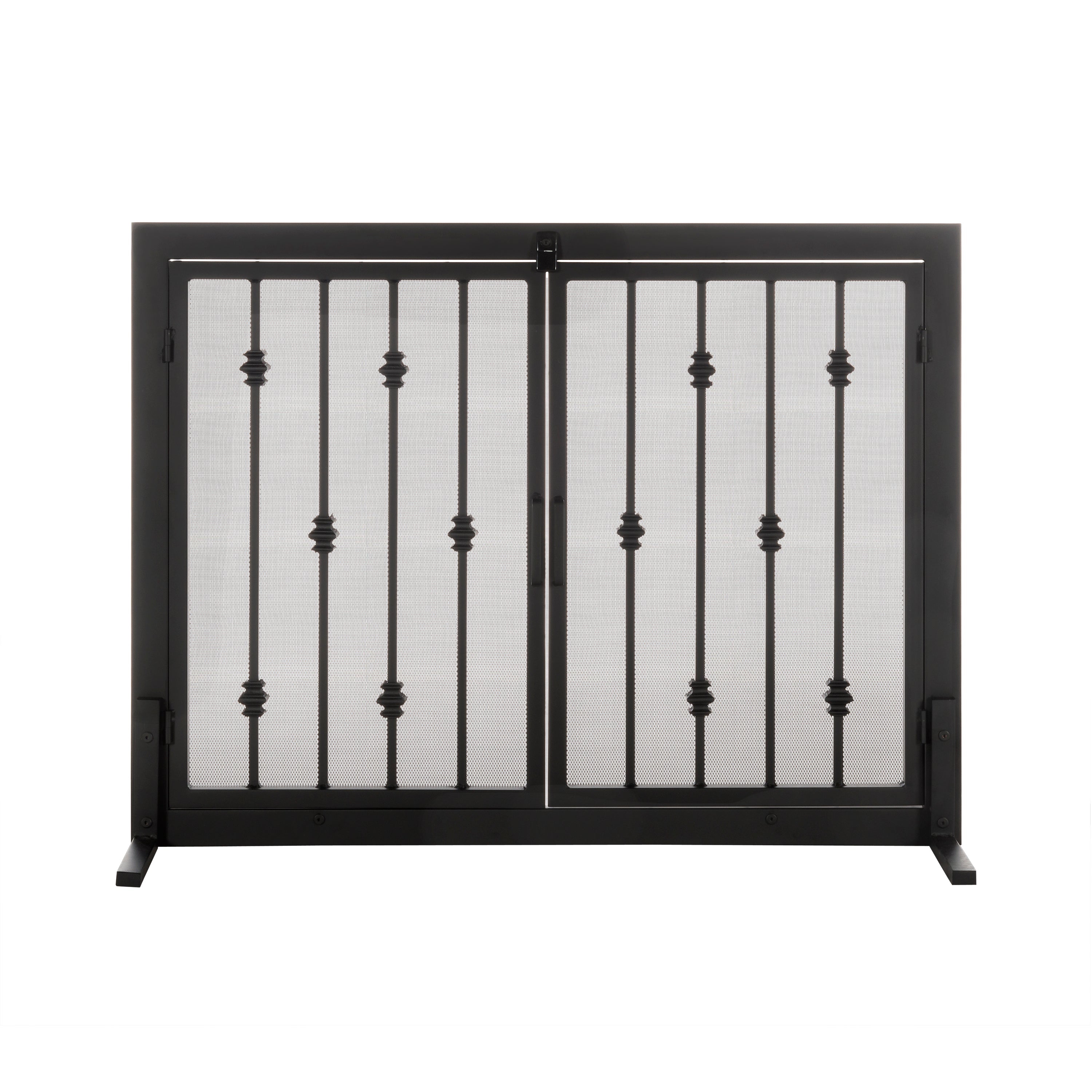 Emperor Rings Fireplace Screen - Modern Ornamental Black Wrought Iron Metal, Freestanding w/ Doors (33" Tall x 44" Wide)