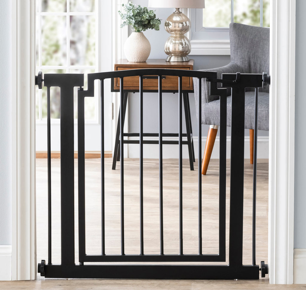 Harper Metal Dog Gate w/ Door (28.5" - 61.5" Extra Wide) Modern Black Steel, Indoor Easy Pressure Mounted (No Drill) 32" Tall