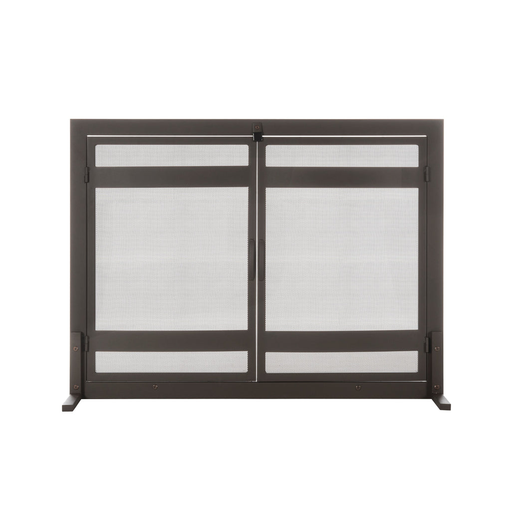 Indus Fireplace Screen- Modern Mission Wrought Iron, Freestanding Flat w/ Doors (44" W x 33" Tall)