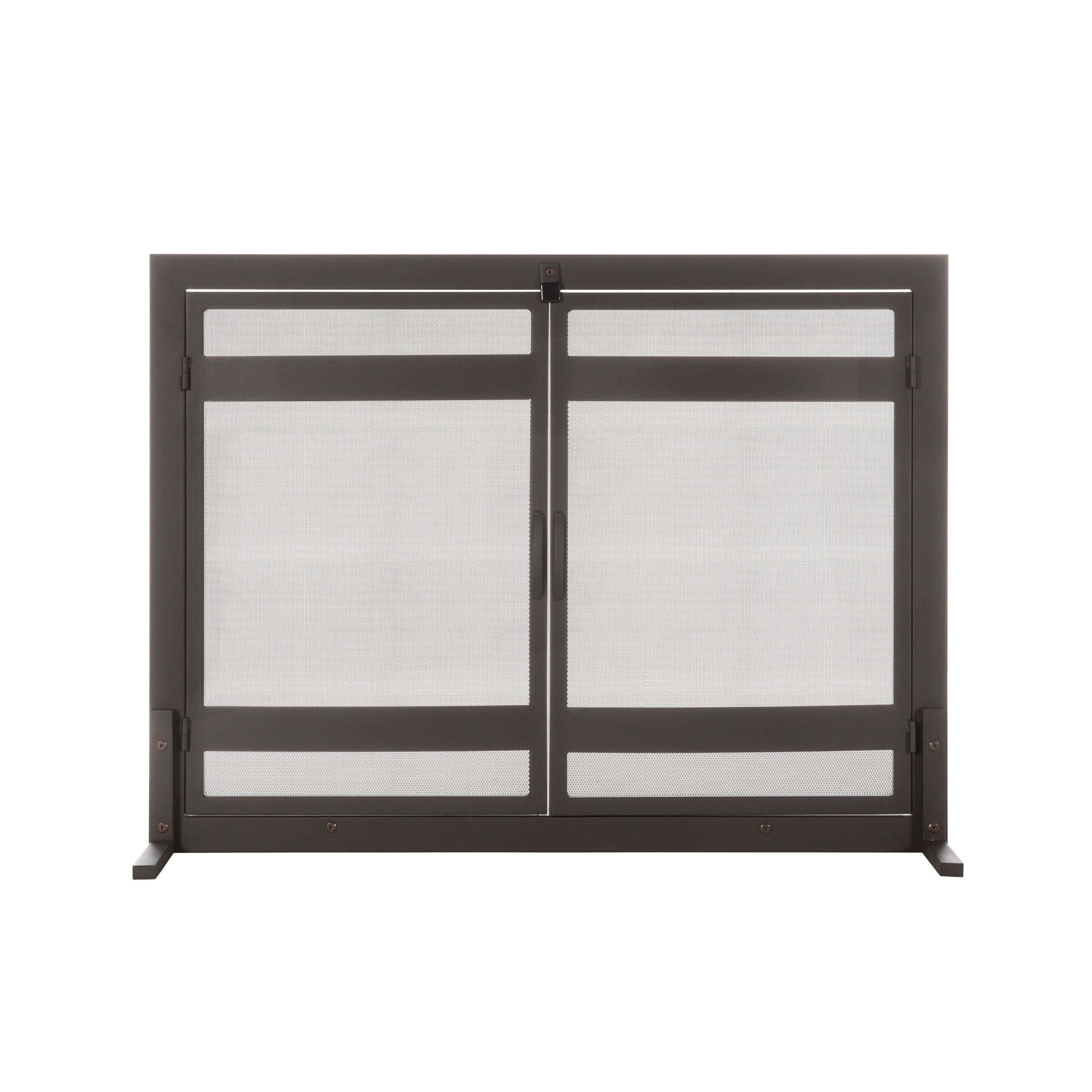 Indus Fireplace Screen- Modern Mission Wrought Iron, Freestanding Flat w/ Doors (44" W x 33" Tall)
