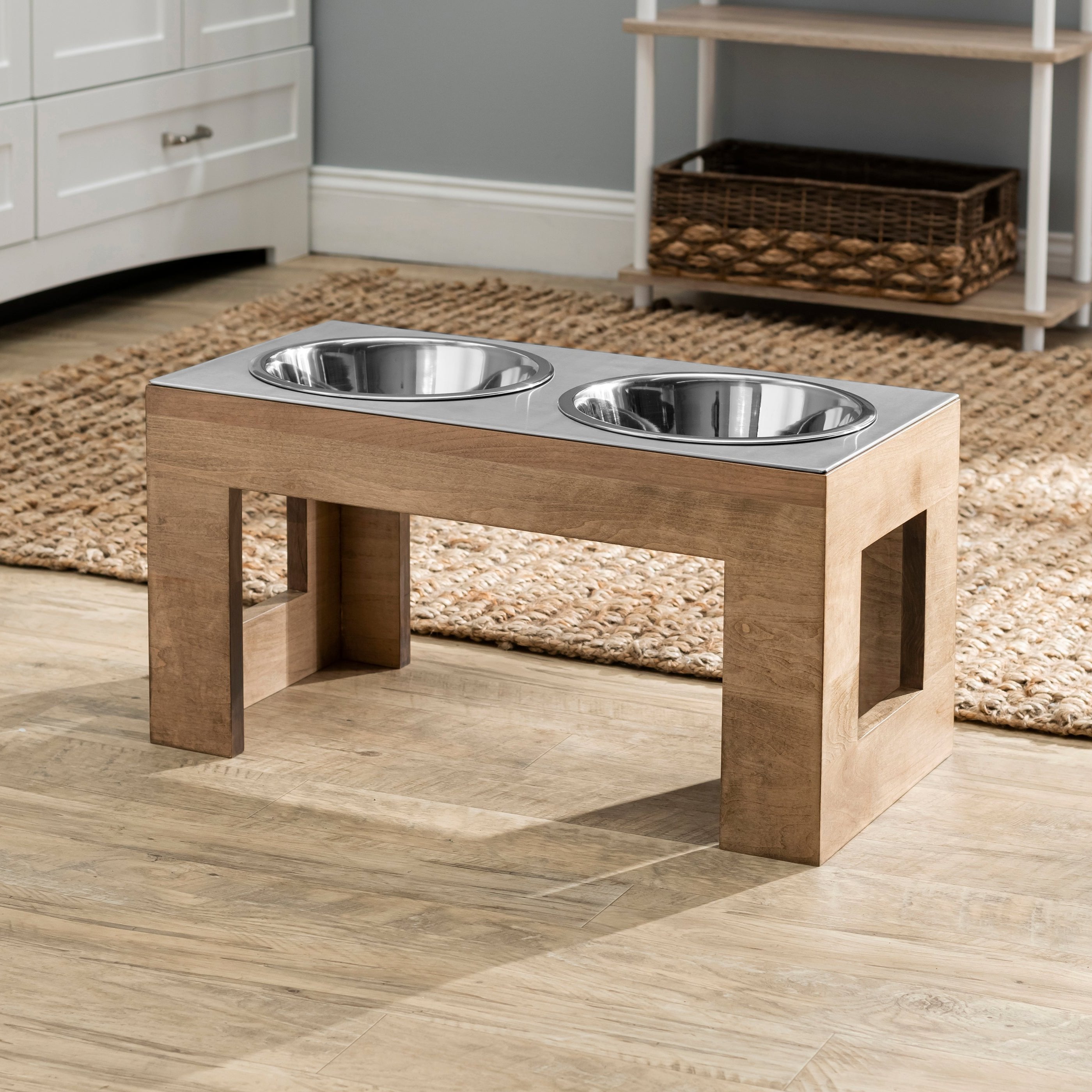 Indus Double Diner - Modern Architectural Hardwood Elevated Dog Bowl Stand (XS Pet 4.5" / 12" Tall)