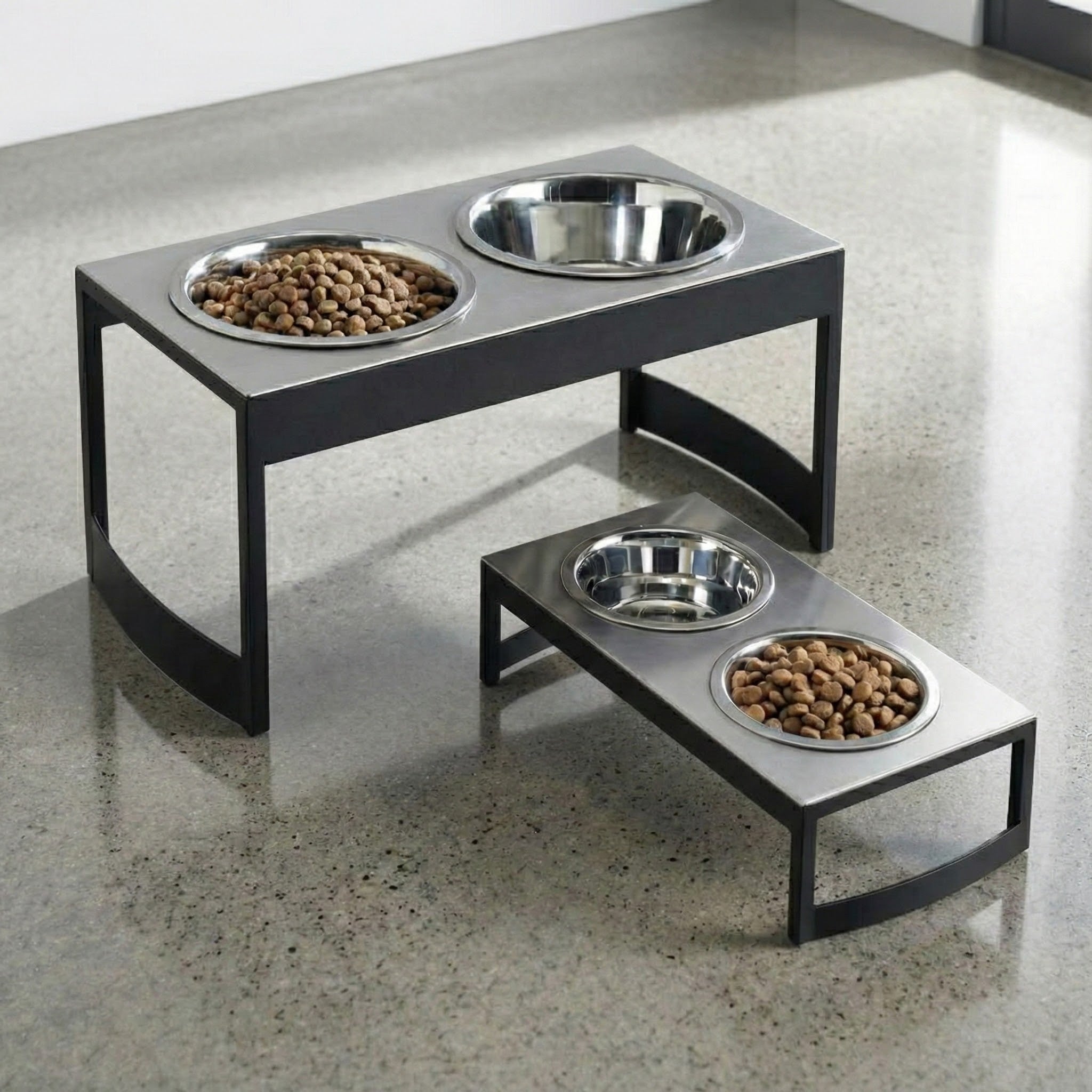 Indus Steel Double Diner - Modern Architectural Heavy Duty Elevated Dog Bowl Feeder (XS 4.5" Tall / 12" Large Dog)