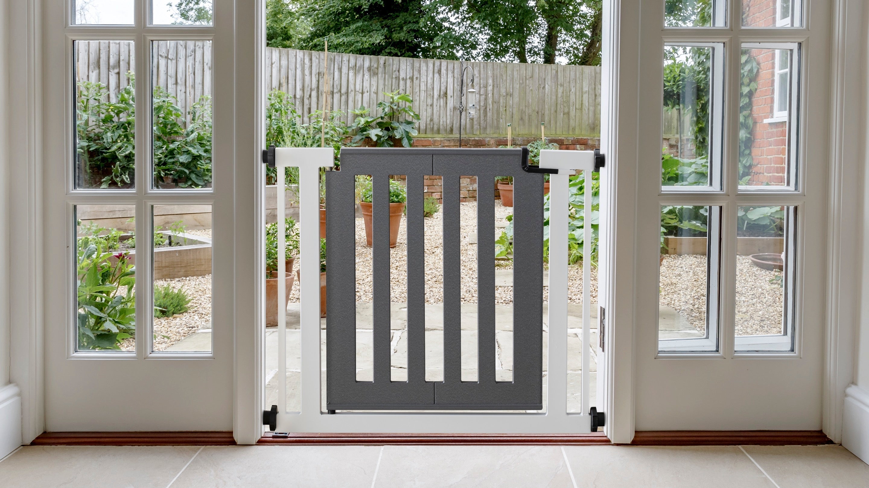 Jasmine Outdoor Dog Gate w/ Door (34.5" - 61.5" Extra Wide) Modern Steel, Heavy Duty 32" Tall, Pressure Mounted w / Fiberglass Door