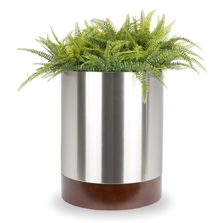 White Knox Cylinder Steel Planter w/ Hardwood Base - Indoor Organic Modern Architectural (15.5" / 22.5" Tall)