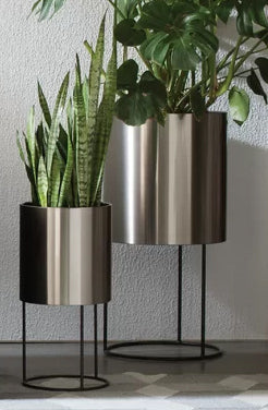 White Knox Cylinder Raised Planter - Modern Minimalist, Architectural w/ Waterproof Steel Pot w/ Iron Stand, Indoor / Outdoor (21.5" / 33" Tall)
