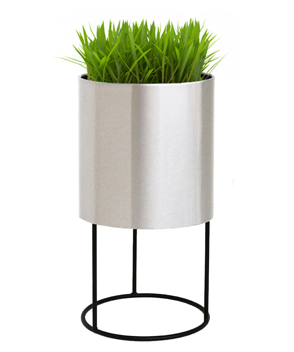 White Knox Cylinder Raised Planter - Modern Minimalist, Architectural w/ Waterproof Steel Pot w/ Iron Stand, Indoor / Outdoor (21.5" / 33" Tall)
