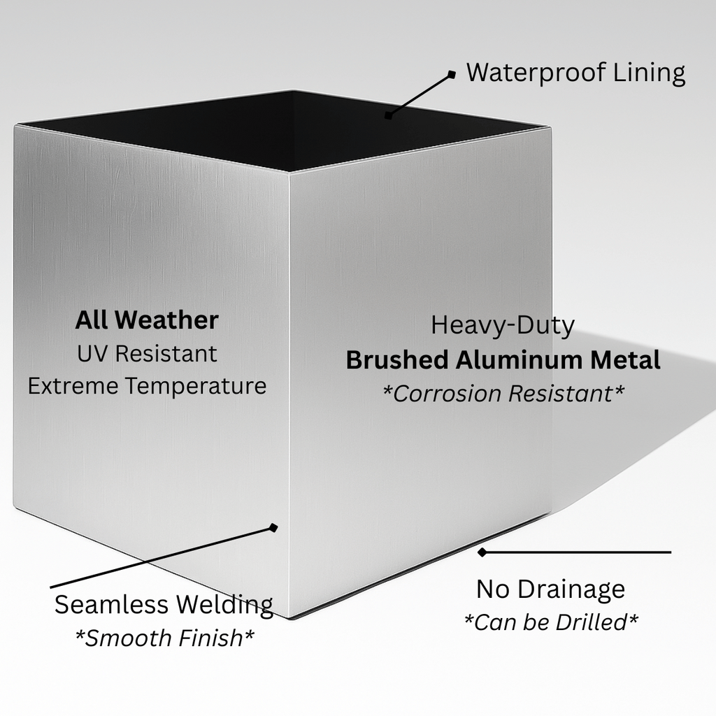 Madeira Cube Indoor Planter w/ Wood Base - Modern Seamless Aluminum Metal (Silver), Surface-Safe w/ Fiberglass Lining (16" Pot, 20" Tall w/ Stand)