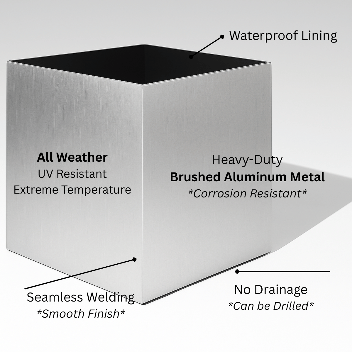 Madeira Cube Planter - Modern Architectural Seamless Aluminum Metal (Silver) Fiberglass Lining, No Drainage - Indoor / Outdoor (16" / 20" Square)