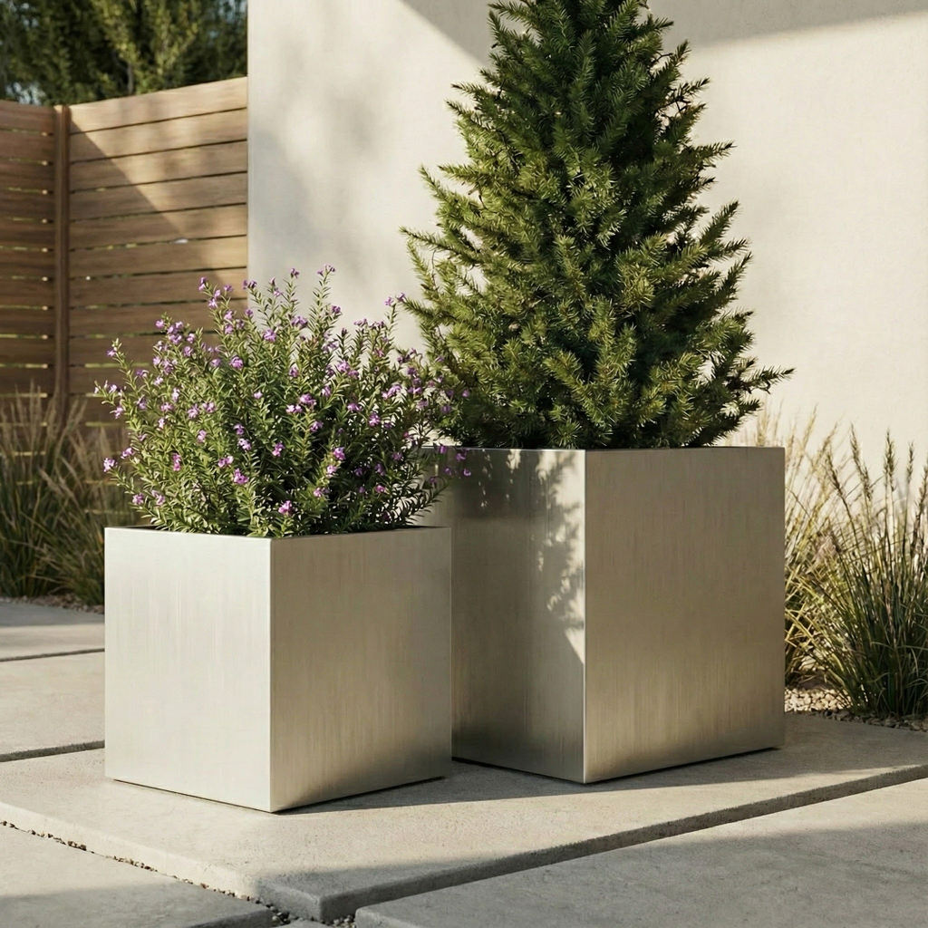 Madeira Cube Planter - Modern Architectural Seamless Aluminum Metal (Silver) Fiberglass Lining, No Drainage - Indoor / Outdoor (16" / 20" Square)