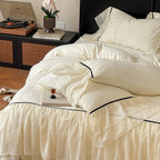 Luxurious bedding set with chiffon ruffles, comforter and contrast piping