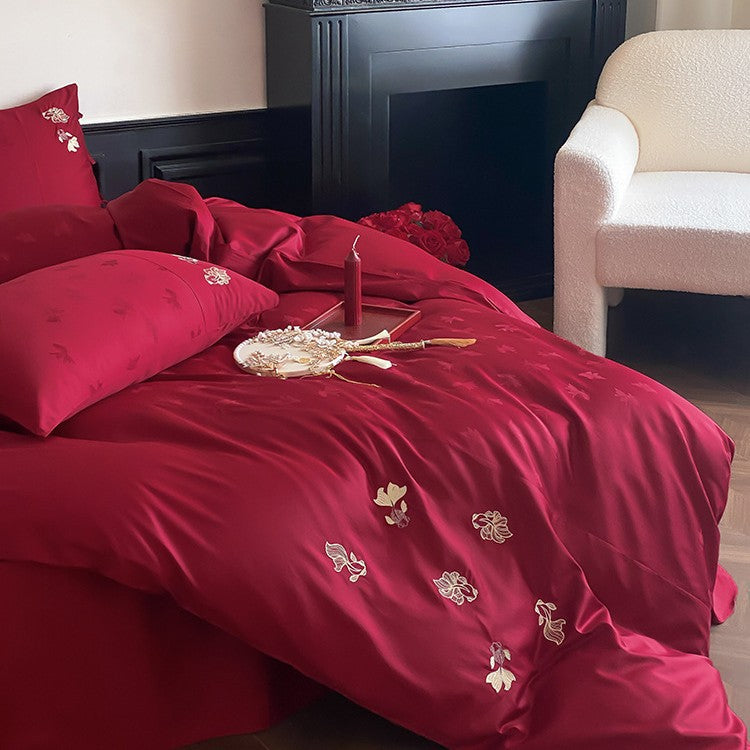 Luxurious satin bedding set with fine floral embroidery