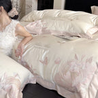 Luxurious satin bedding set with delicate rose and butterfly embroideries