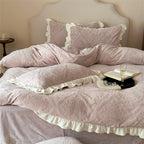 Bedding set with delicate ruffle trim and Jacquard damask structure
