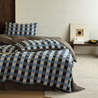 Checked cotton satin bedding set with textured check pattern and quilted bedspread