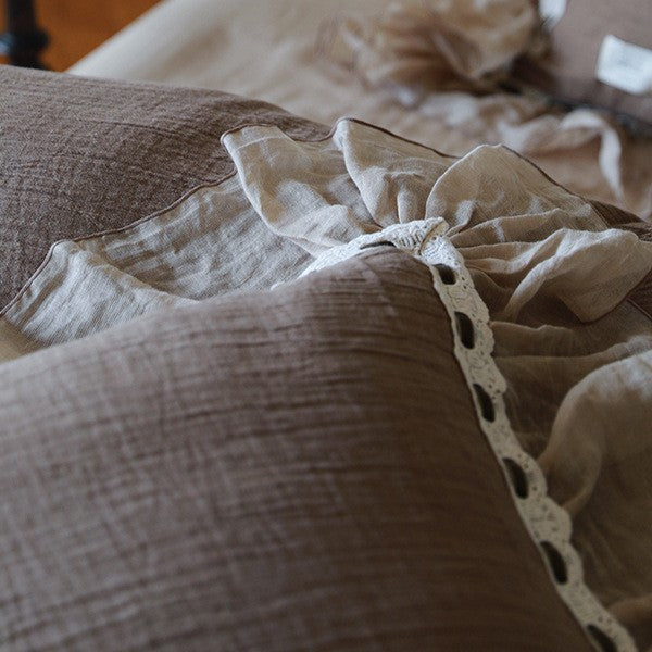 Luxurious cotton-linen bedding set with ruffle and crochet lace trim
