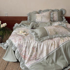Luxury bed set with pleated ruffle, lace trim and floral watercolor print