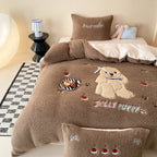 Teddy-fleece bedding set with flower embroidery and reversible design