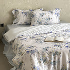 Luxurious satin bedding set with floral watercolor print and silky shiny finish