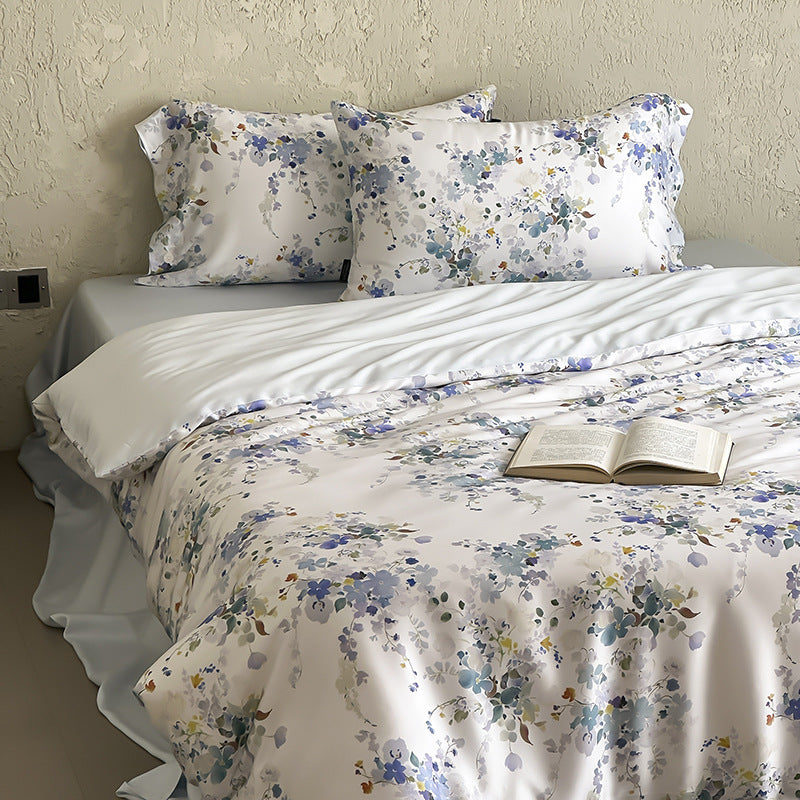 Luxurious satin bedding set with floral watercolor print and silky shiny finish