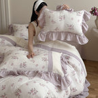 Romantic cotton gauze bed linen set with ruffle and vintage rose print